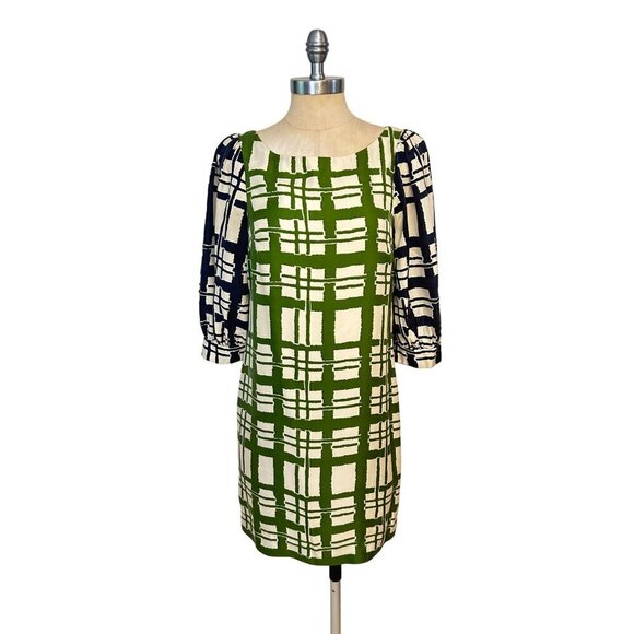 Anthropologie Maeve Women's Dress Green & Navy Geometric Print 3/4 Sleeve Size 2 - Picture 1 of 5